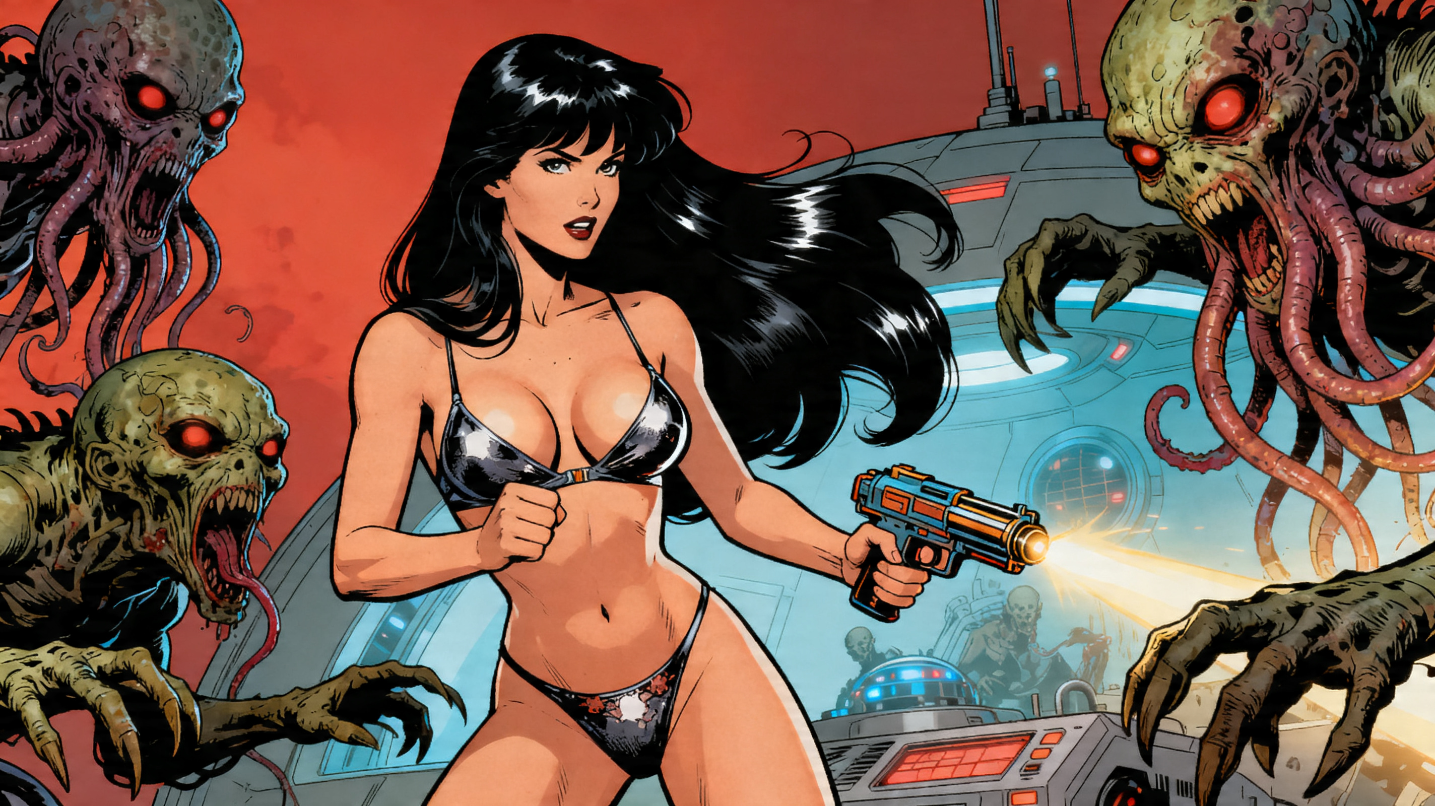 Woman in a silver bikini with a blaster fighting tentacled aliens aboard a sci-fi spaceship.