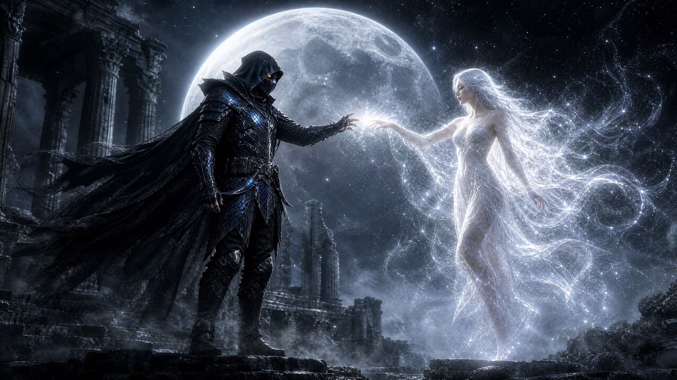 Dark armored warrior reaches toward a luminous ghostly woman under a full moon.