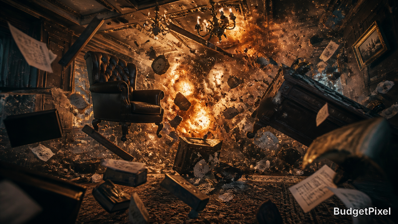 A chaotic explosion in a luxurious living room with flying furniture and glowing orange debris