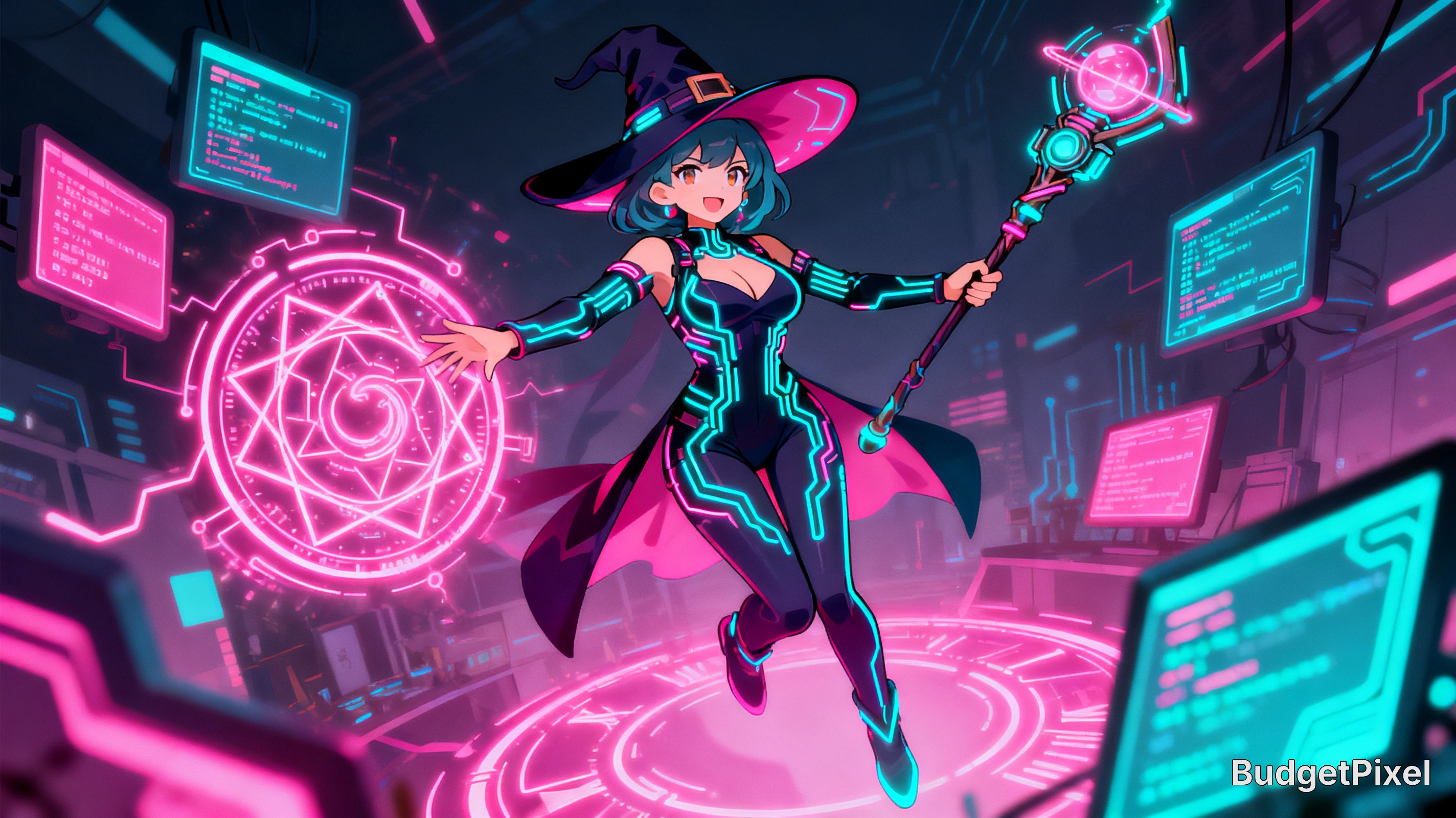 Neon cyberpunk witch in a high-tech lab casts a glowing magical circle with holographic interfaces.