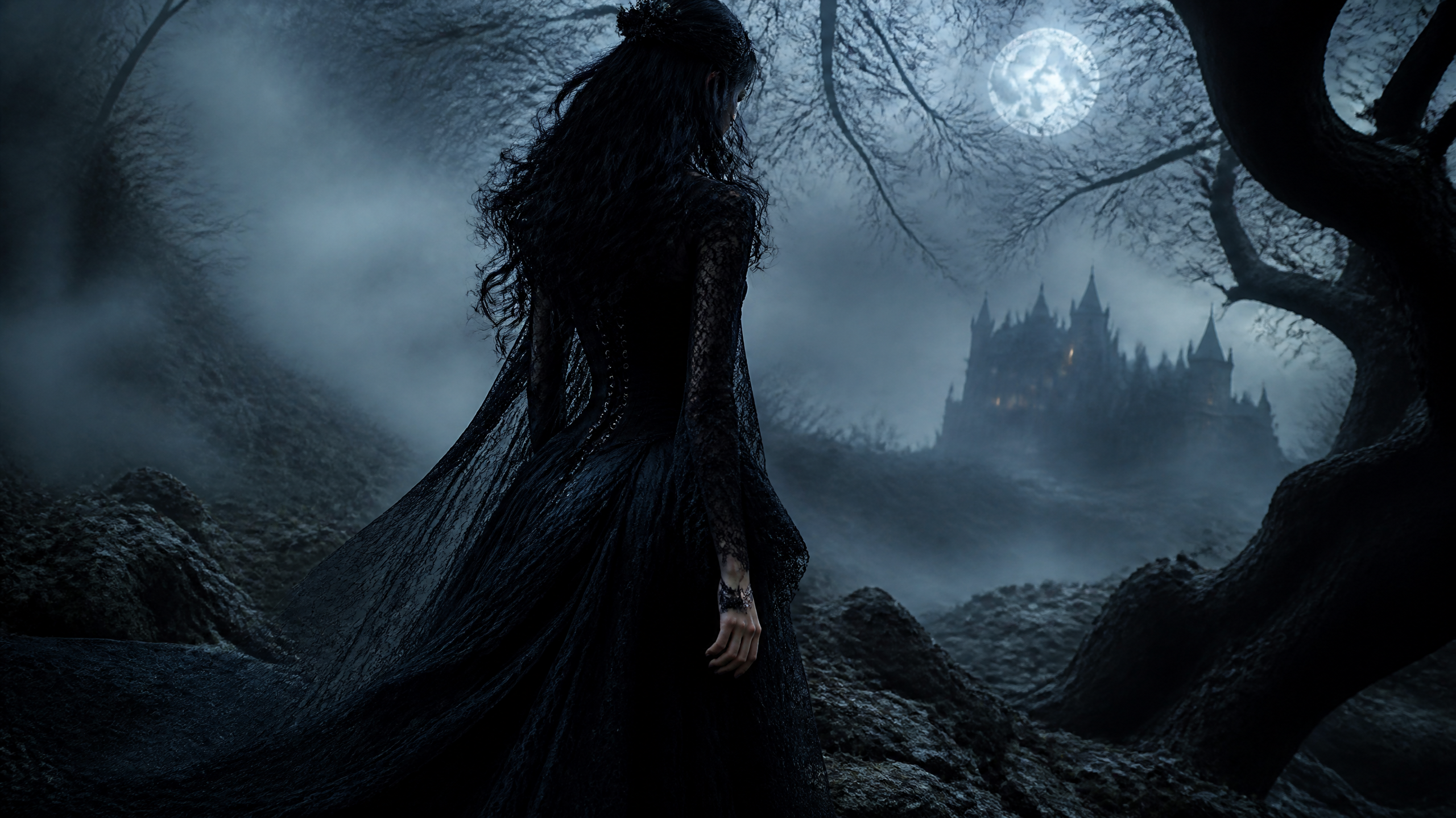 Dark silhouette of a woman in a flowing black gown under a full moon in a misty, eerie landscape