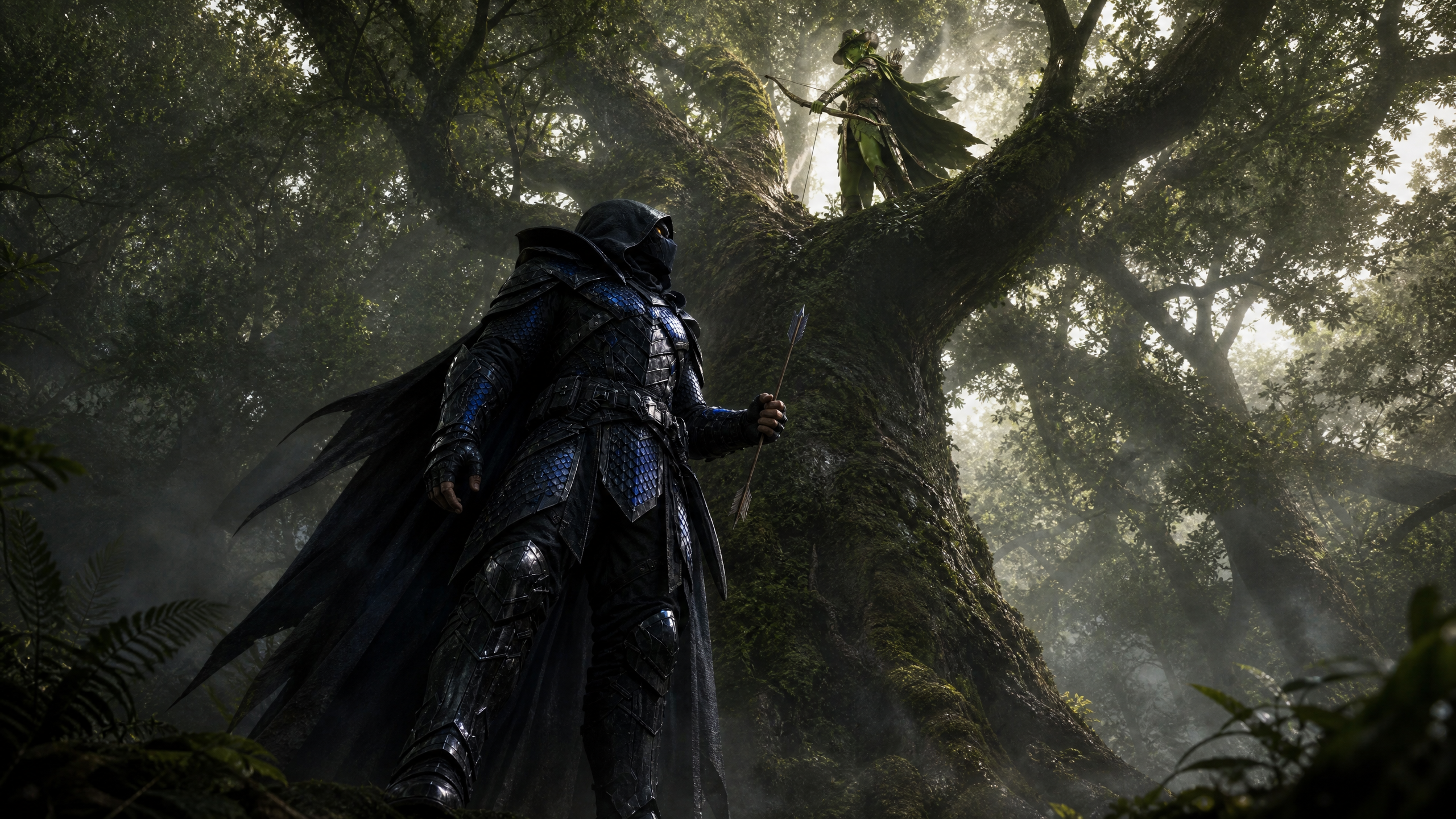 Armored knight in dark blue-black armor stands in a misty forest beside a colossal ancient tree.