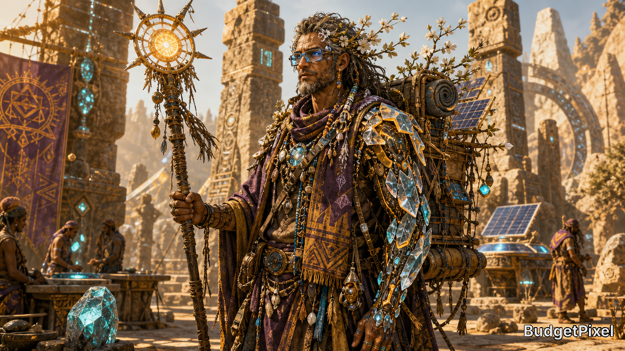 Intricately armored sorcerer with glowing staff stands in ancient ruin city.