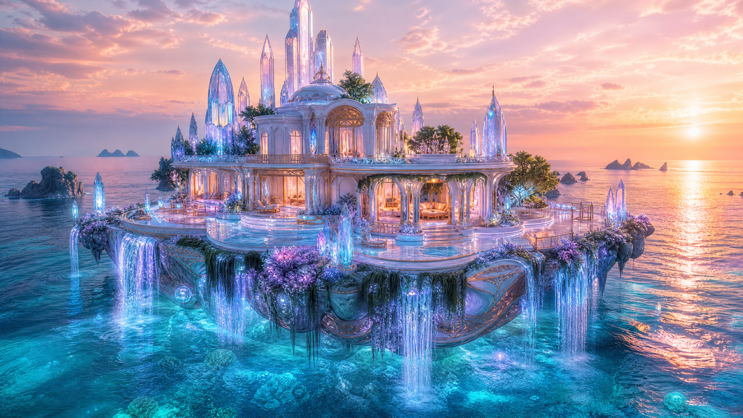 Crystal palace floating on turquoise sea at sunset with glass towers and cascading waterfalls.