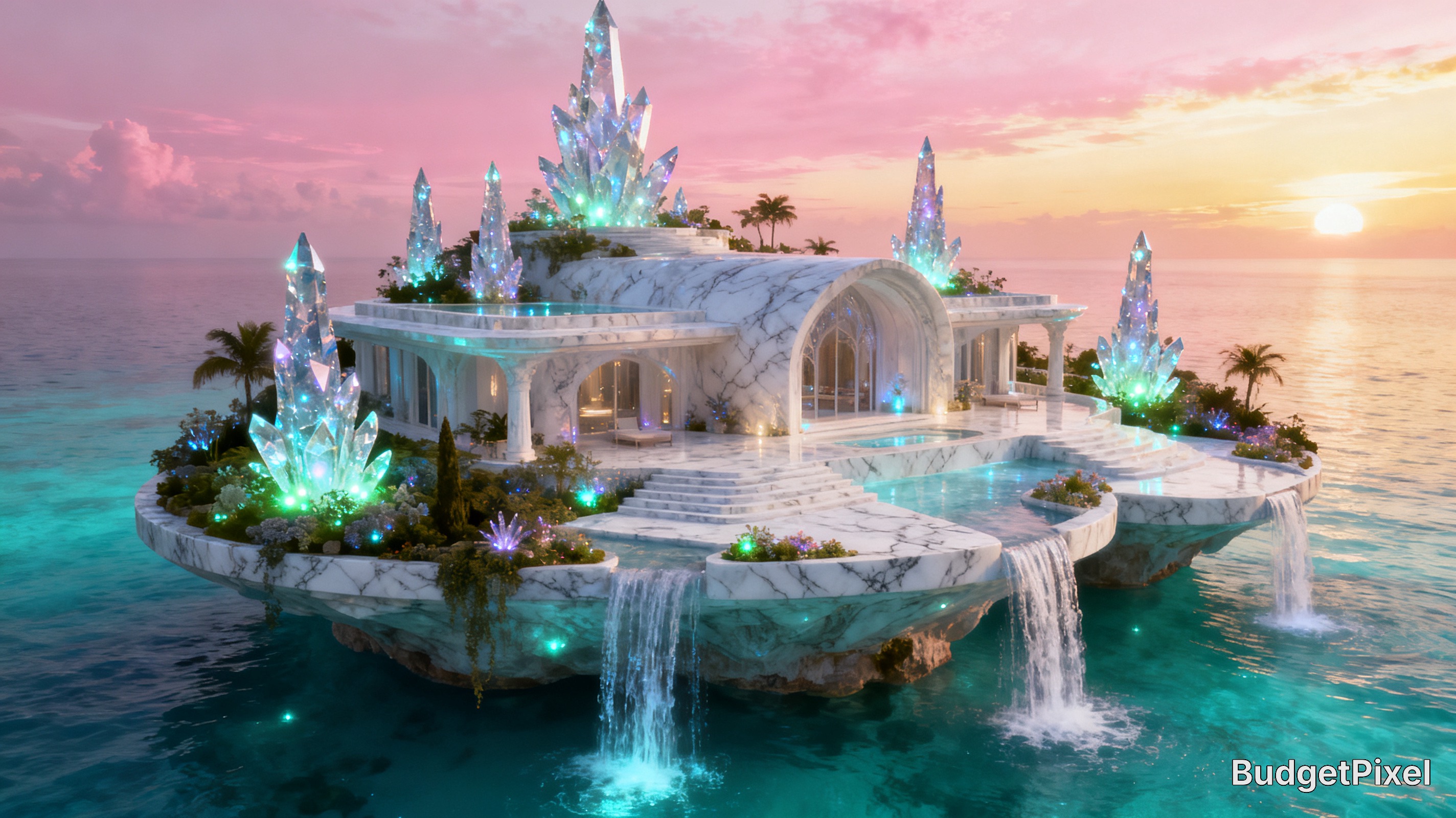 Floating marble palace on turquoise sea with crystal towers, waterfalls, and sunset sky.