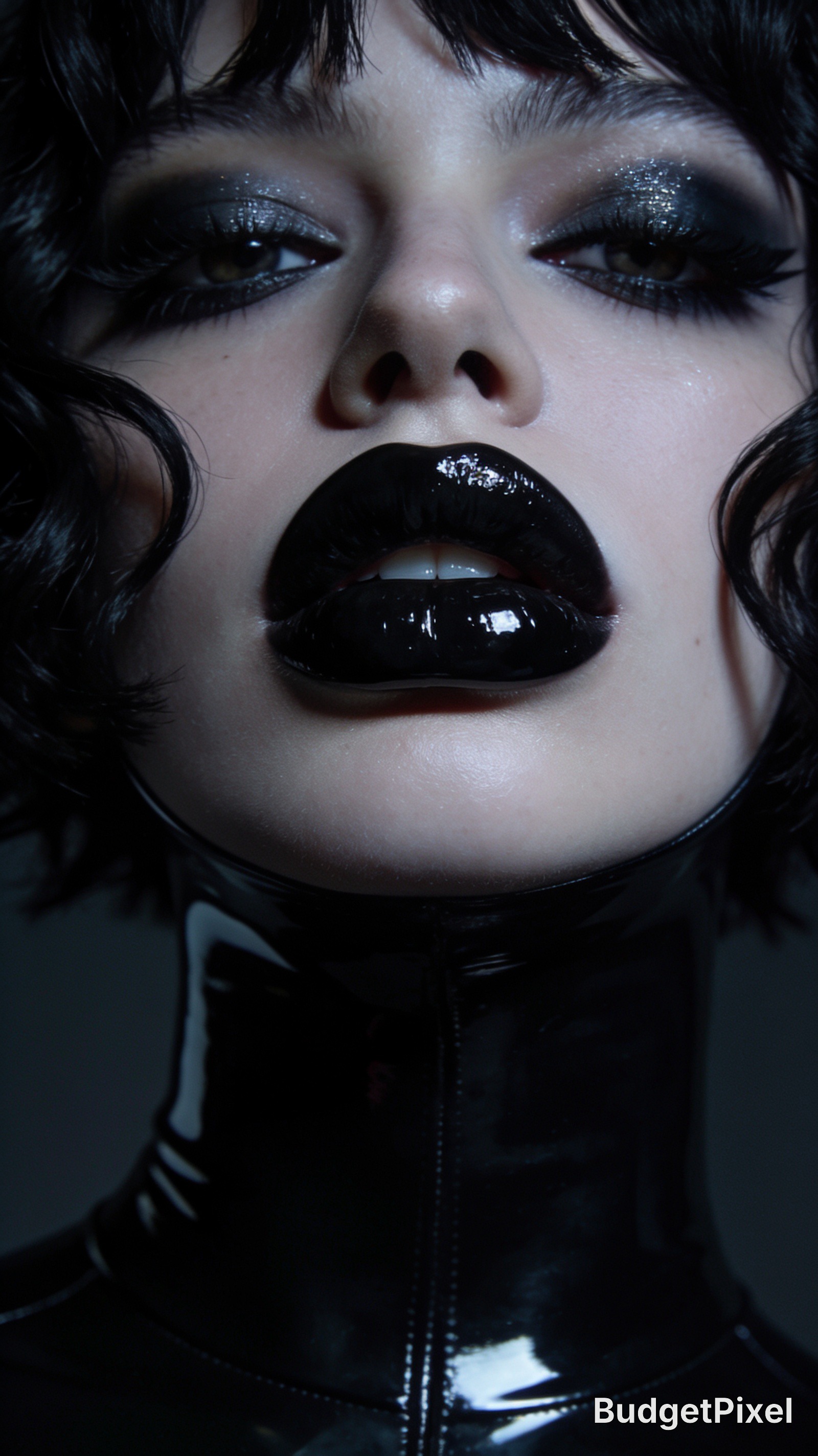 Close-up of a model with avant-garde gothic makeup, glossy black lipstick, smoky dark eyes, and a fitted black latex turtl...