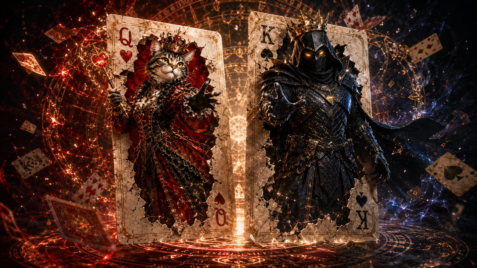 [Surreal fantasy art of tabby cat Queen of Hearts and hooded King of Spades emerging from tattered vintage playing cards o...
