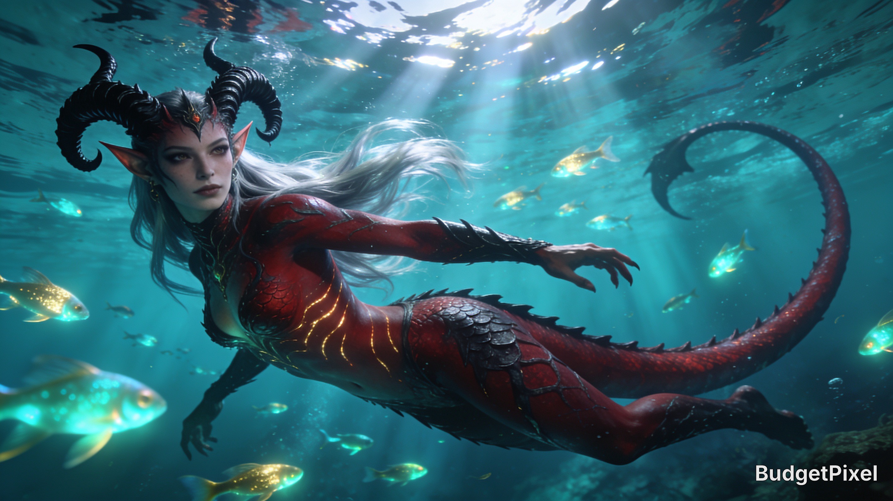 [Horned tiefling aquatic fantasy creature swims underwater surrounded by glowing fish, with sunbeams filtering through tur...