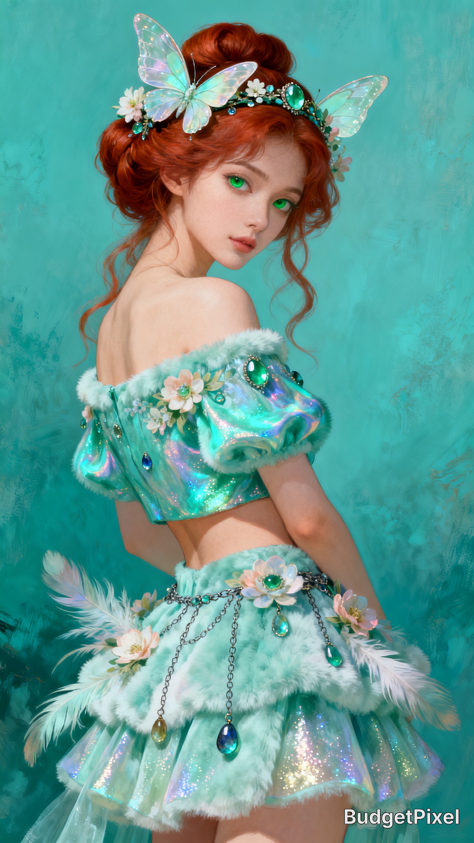 Red-haired fairy with butterfly headpiece and iridescent teal fantasy outfit looks over her shoulder against a turquoise b...