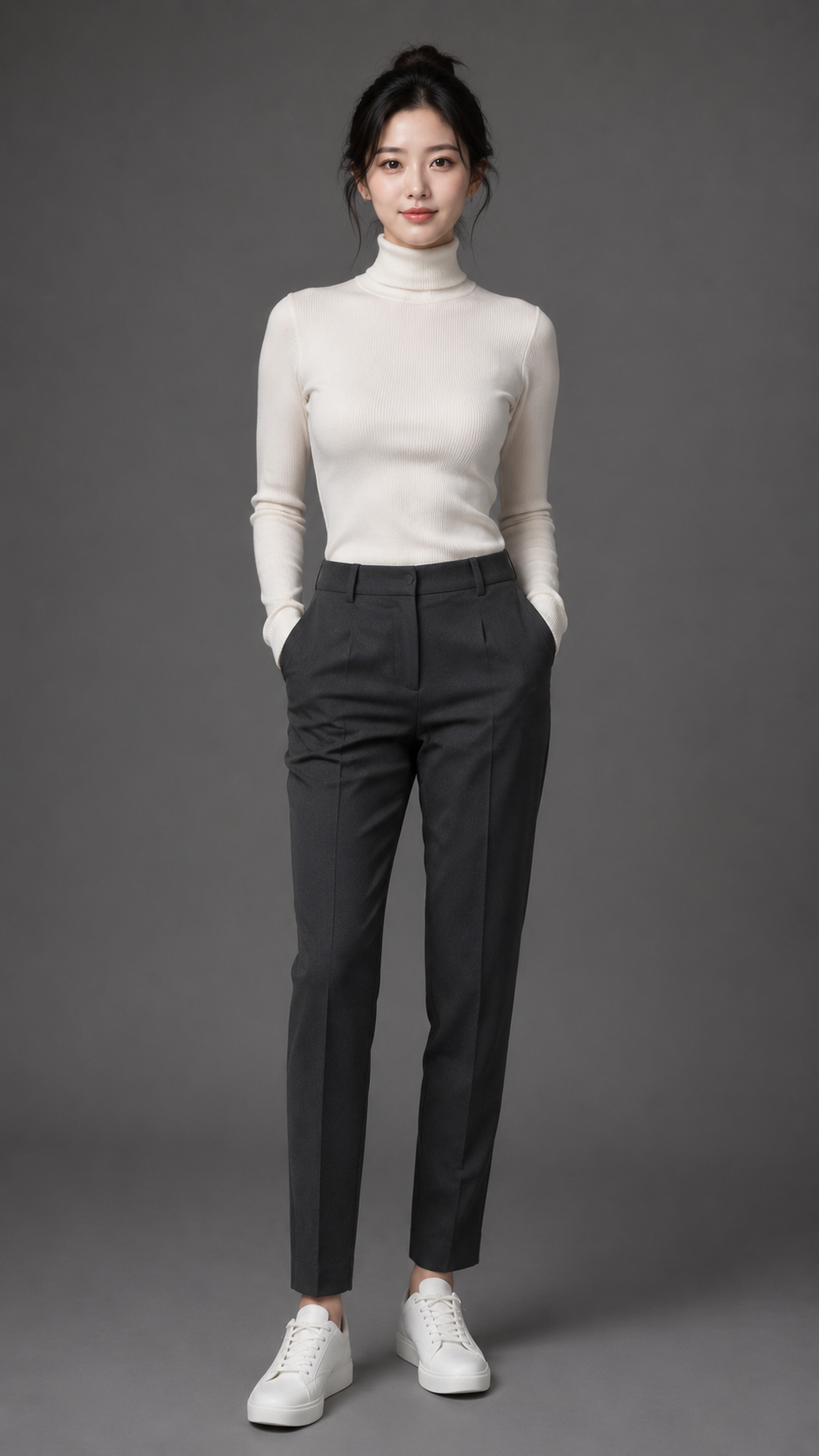 Young East Asian woman in smart casual outfit stands with hands in pockets against a plain gray studio background