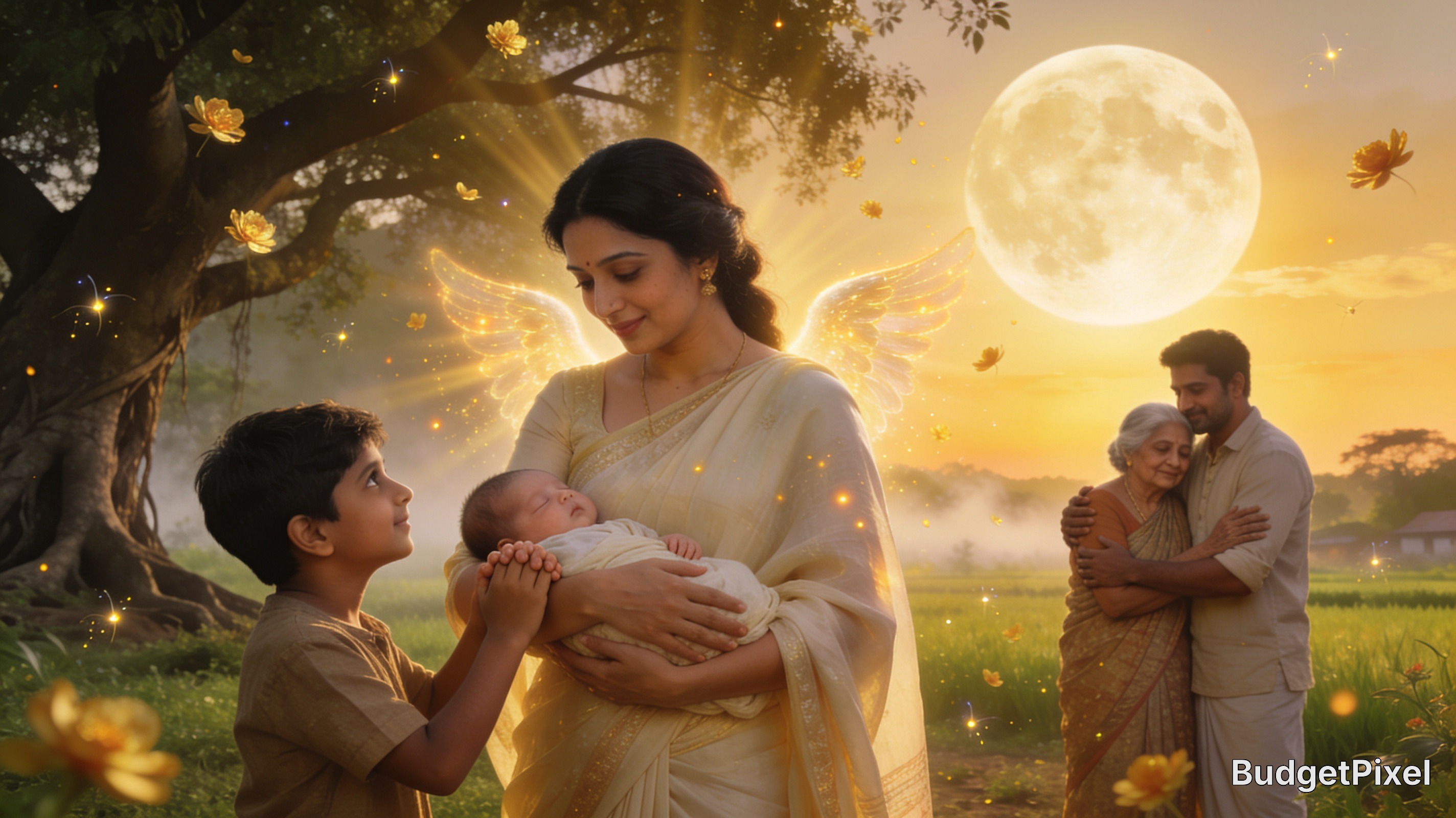 [Ethereal angel-winged Indian mother holds newborn, with young son and extended family in a magical moonlit golden rural l...