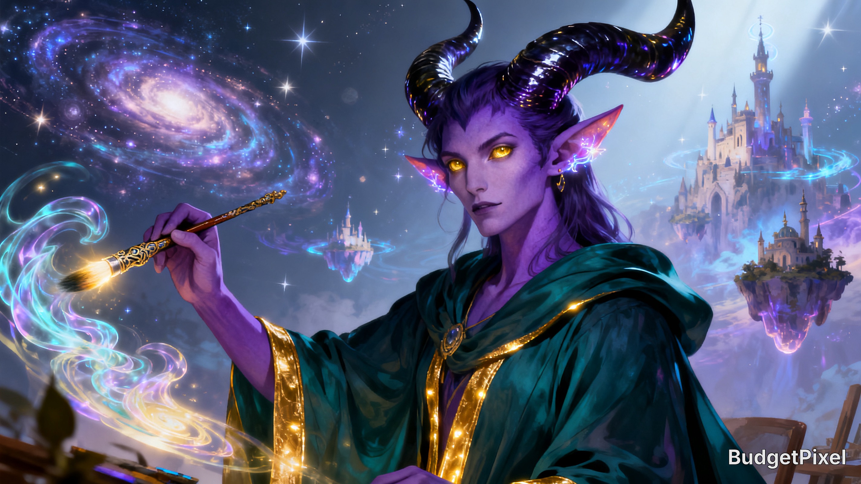 Purple horned tiefling wizard holds a glowing magic brush, conjuring floating castles and a swirling cosmic galaxy