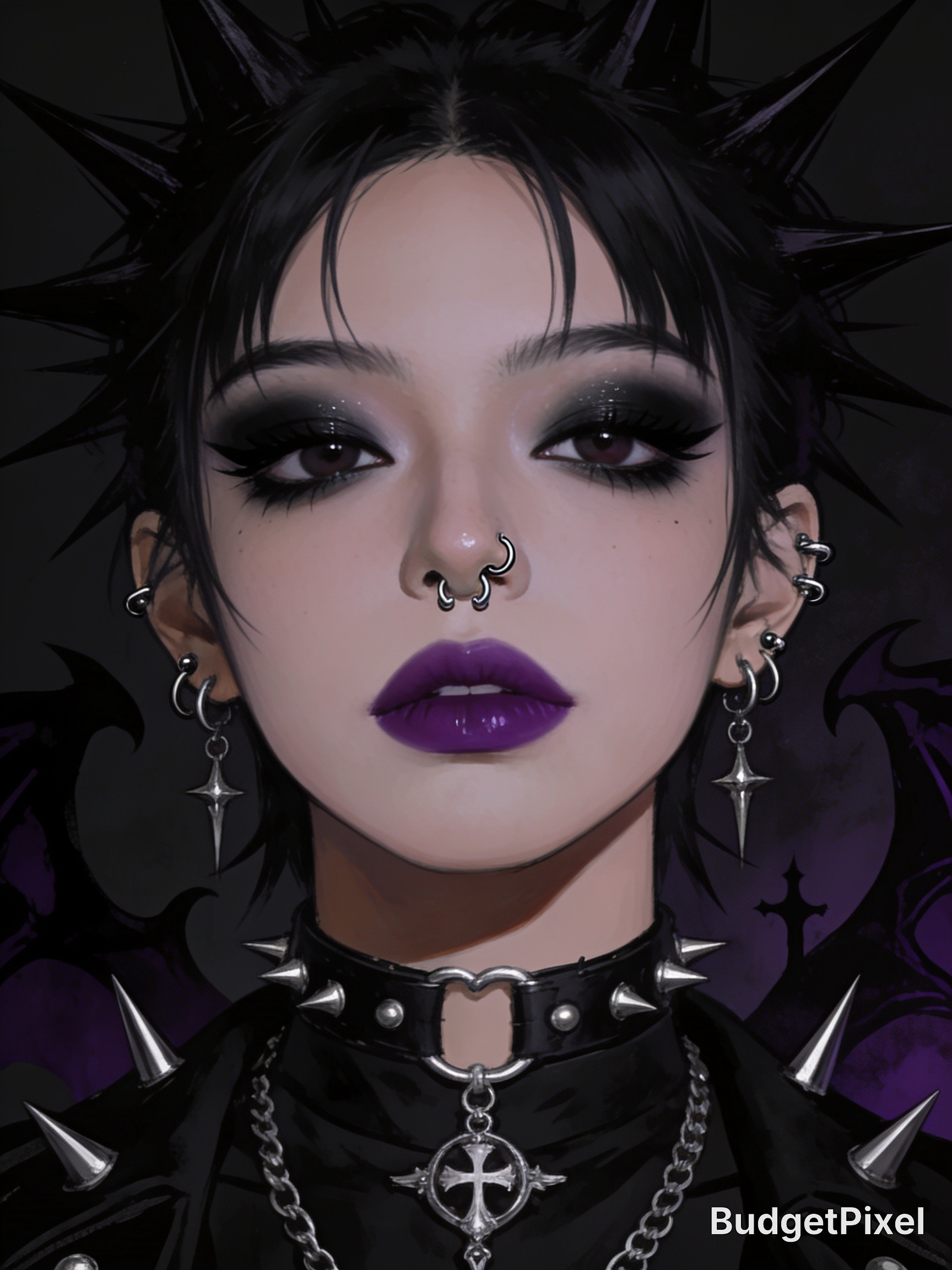 [Close-up digital portrait of a goth punk woman with spiky hair, facial piercings, purple lipstick, and spiked choker agai...
