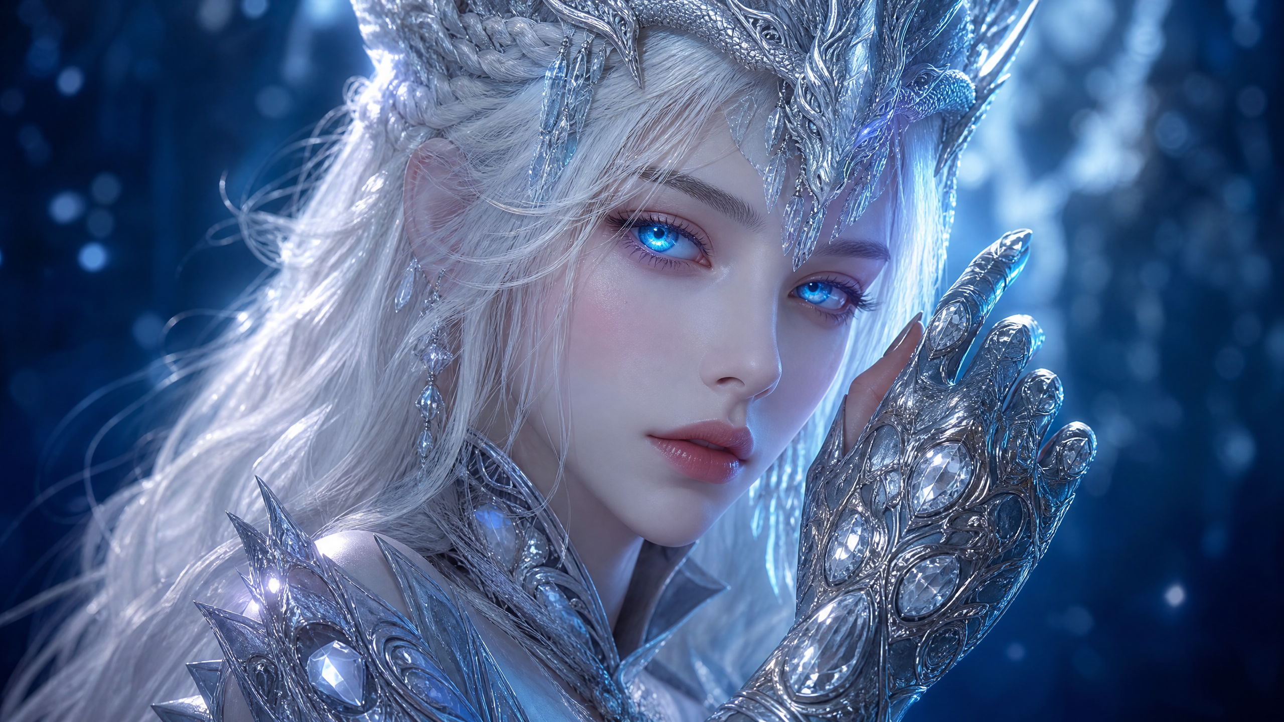 [Close-up portrait of ethereal fantasy ice queen with glowing blue eyes, ornate silver crown, platinum hair, and jeweled a...