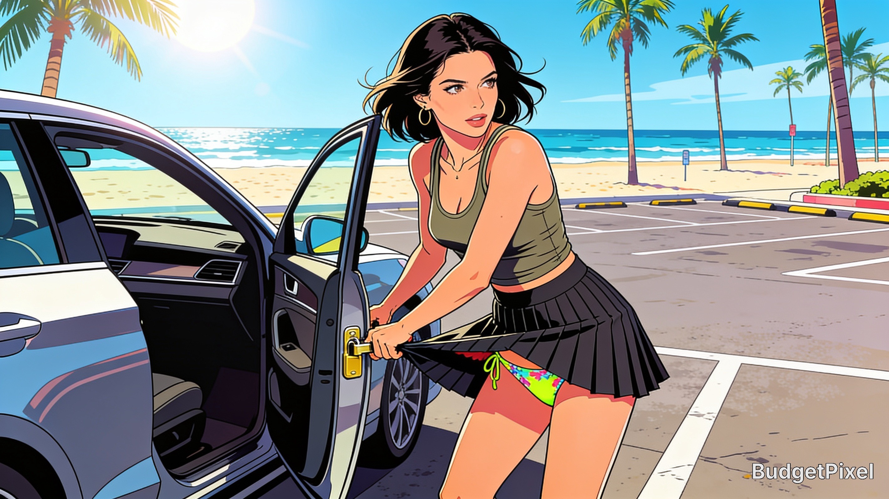 [Retro comic illustration of a woman exiting a car in a sunny beachfront parking lot, adjusting her pleated skirt over a s...