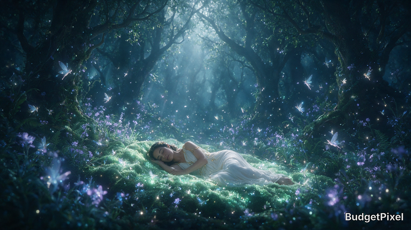 [Sleeping woman in a flowing white gown rests on glowing moss in an enchanted moonlit forest surrounded by floating glowin...