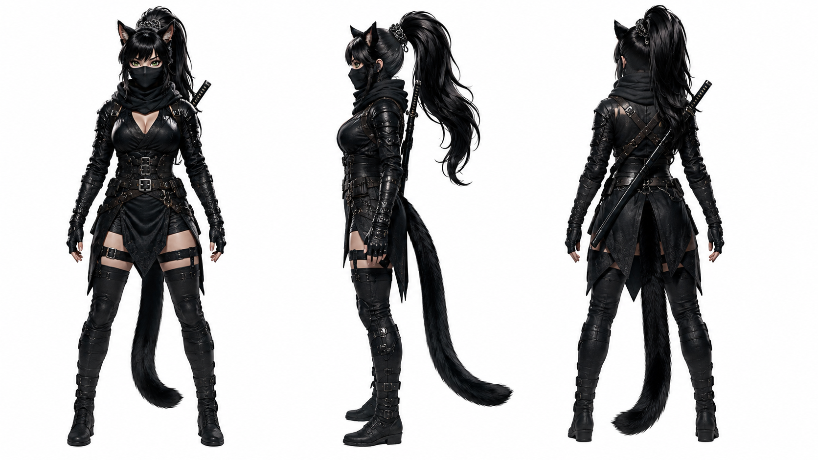 3-view turnaround reference sheet for a fantasy cat-eared female ninja in black leather stealth armor, isolated on white.