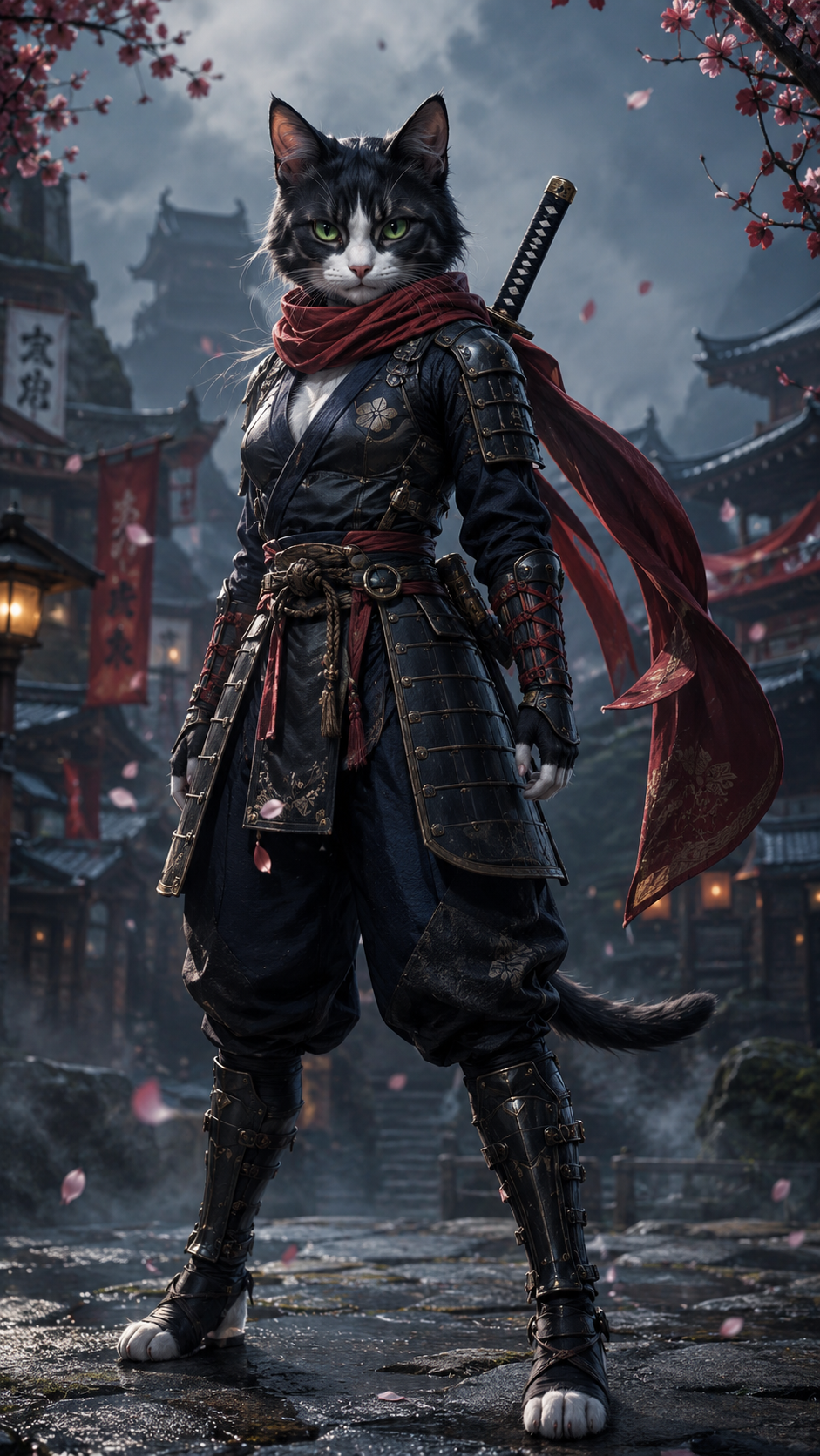 Anthropomorphic tuxedo cat samurai in armor stands in misty Japanese village with falling cherry blossoms.