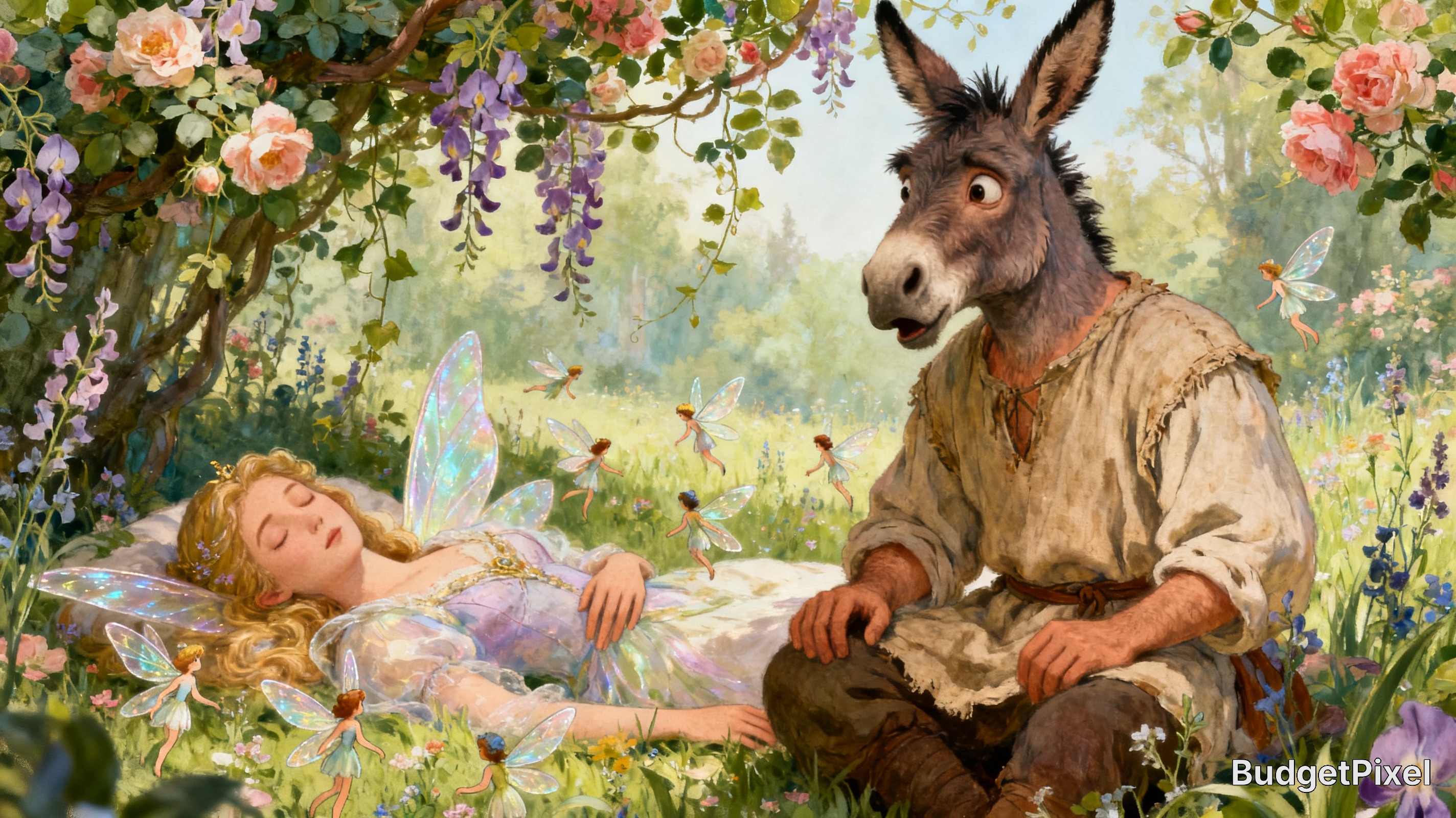 [Fantasy illustration of Shakespeare's donkey-headed Bottom sitting beside sleeping fairy queen Titania, surrounded by tin...