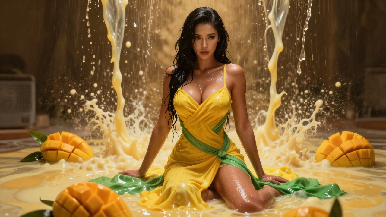 [Glamorous woman in yellow dress kneels amid splashing creamy mango juice, surrounded by fresh cut ripe mangoes in warm go...