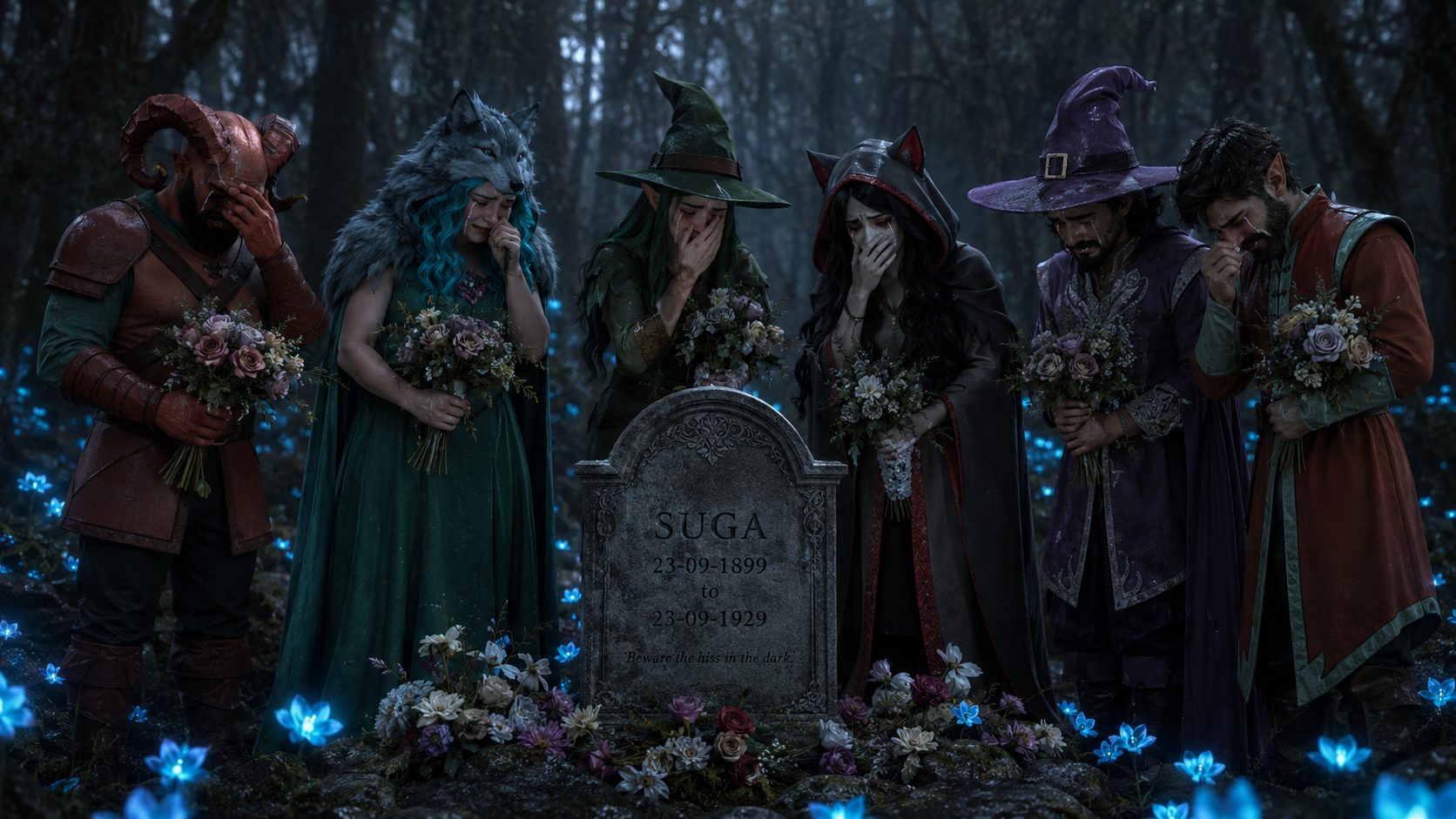 Grieving fantasy RPG party stands around a gravestone in a dark misty forest with glowing blue bioluminescent flowers, hol...