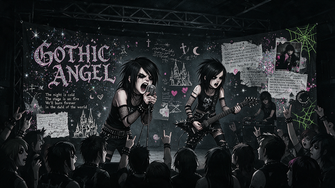 [Emo goth rock band performs live on an underground stage, with a glittering "Gothic Angel" backdrop for a cheering scene ...