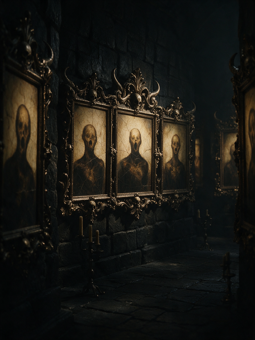 Dim candlelit gothic stone corridor lined with ornate gilded frames holding eerie screaming ghost portraits in a haunted m...