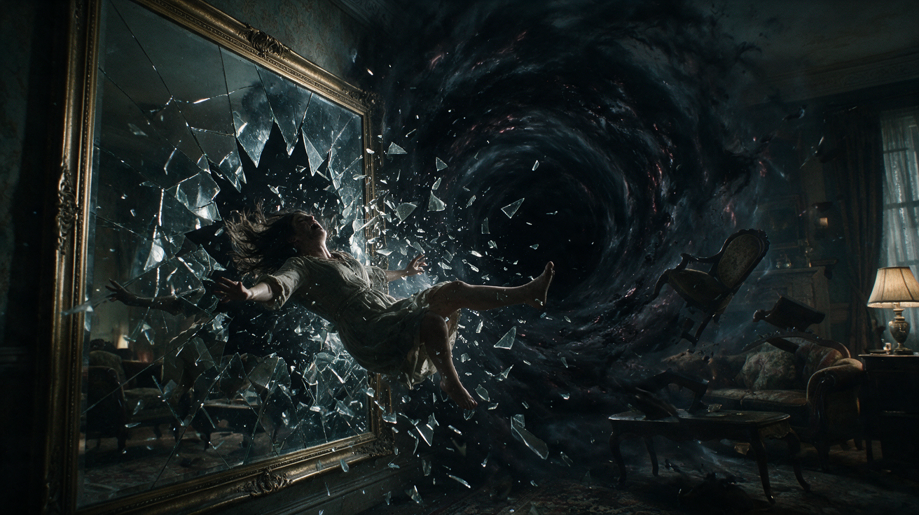 [Terrified woman pulled from a shattered ornate mirror toward a swirling dark supernatural vortex in a haunted vintage liv...