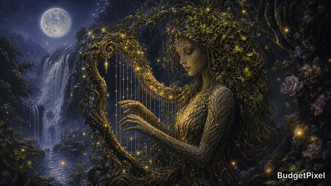 Ethereal forest dryad with ivy-woven hair plays a glowing vine harp beside a waterfall under a bright full moon.