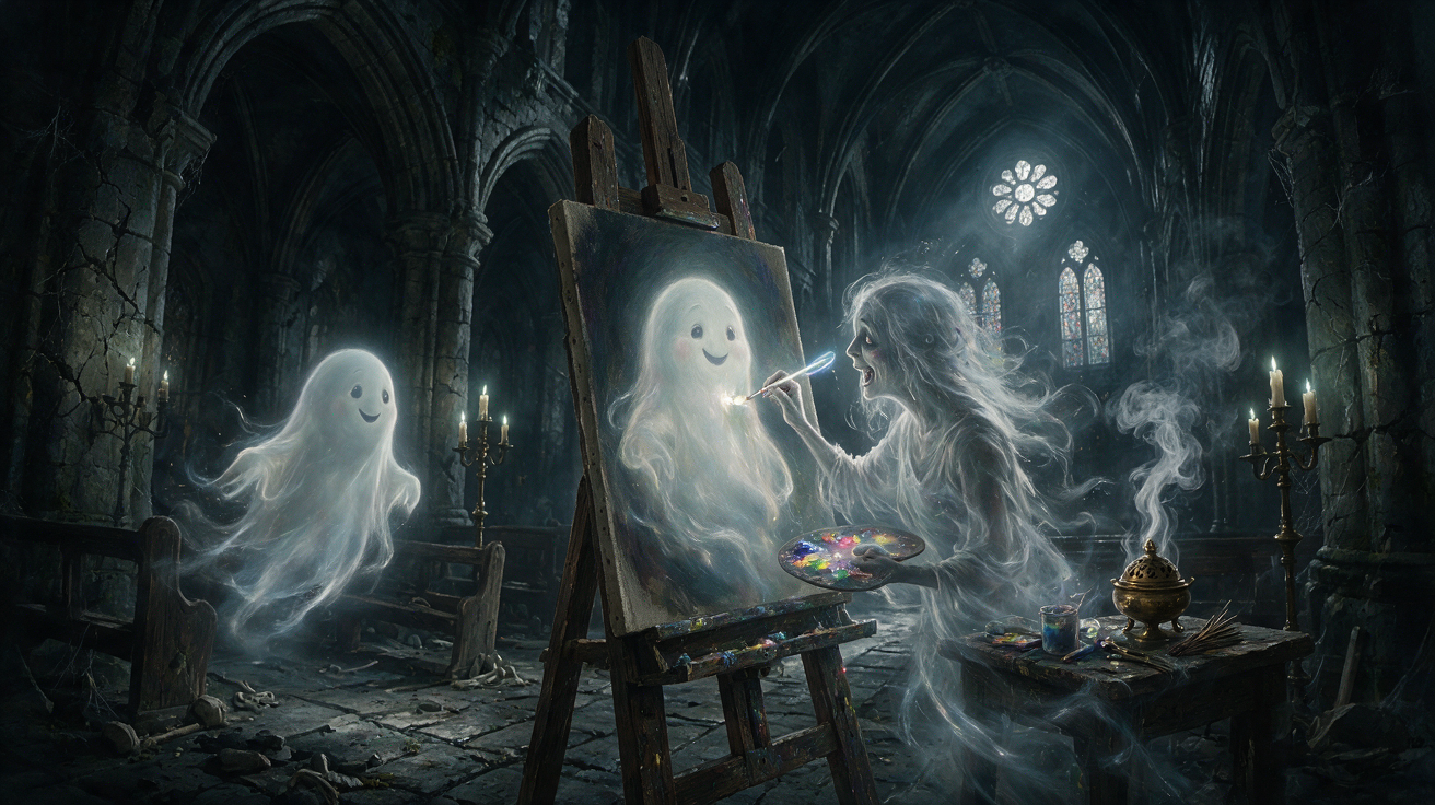 Translucent ghost artist paints a portrait of a smiling friendly floating ghost in a dark ruined gothic cathedral