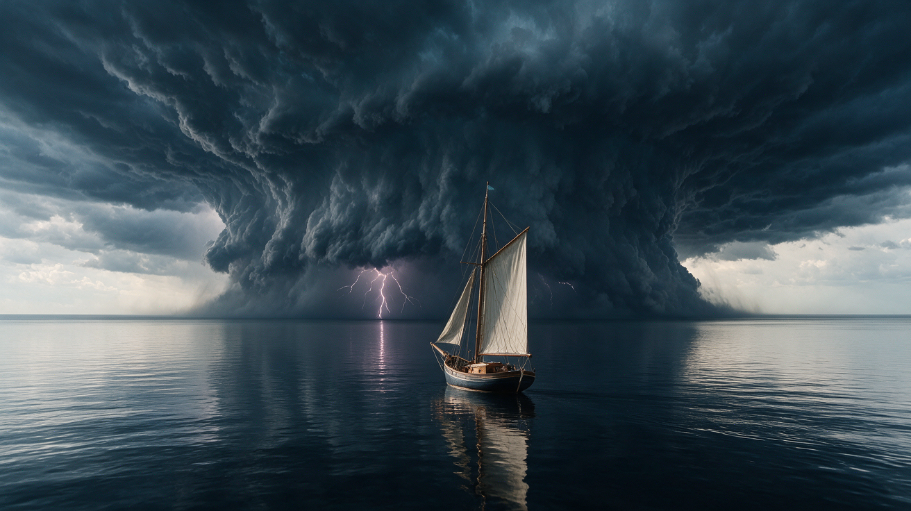 Lone vintage sailboat floats on calm ocean beneath a massive roiling supercell storm with distant lightning striking the h...