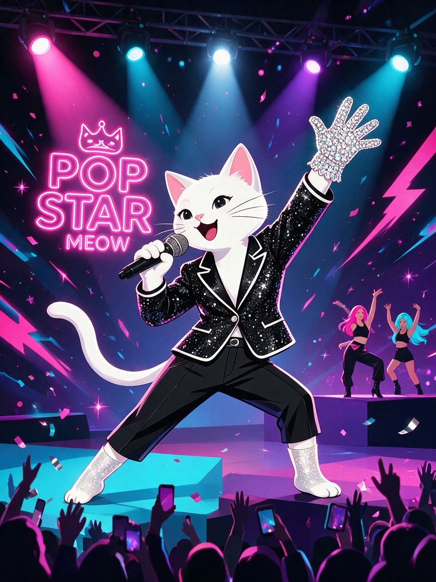 [White cat pop star performs on a neon lit concert stage with backup dancers, cheering crowd, and "Pop Star Meow" neon sig...