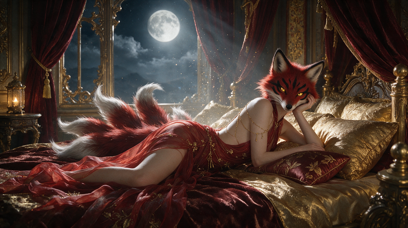 Red nine-tailed kitsune reclines on an ornate gilded bed beneath a glowing full moon