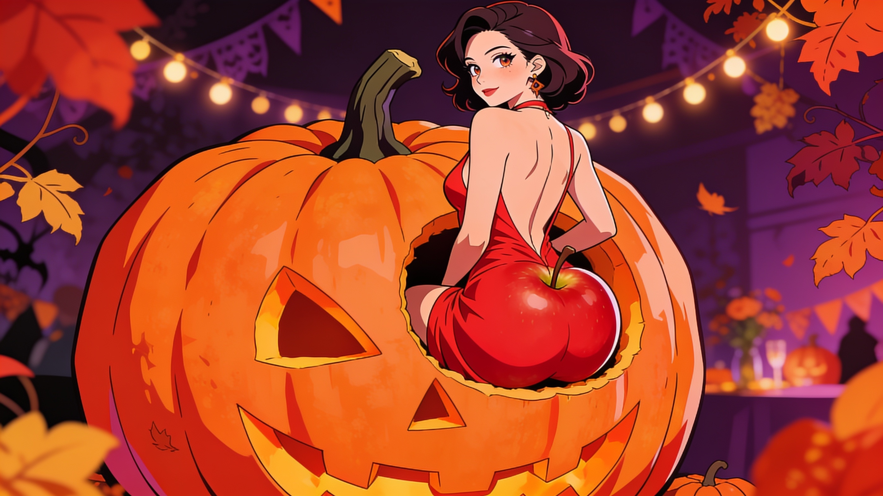 Anime woman in a red apple dress sits inside a giant carved jack-o-lantern at a fall Halloween party