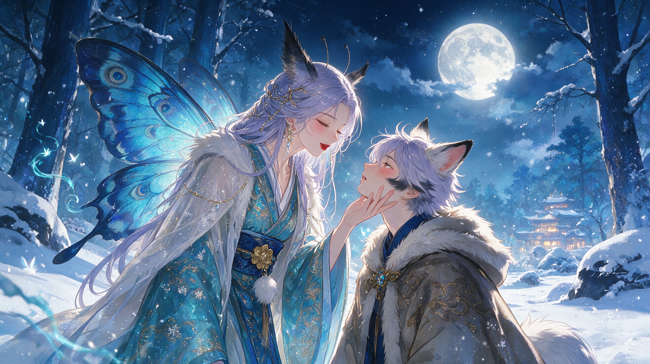 Fairy with blue butterfly wings gently touches a fox spirit boy's… — AI ...