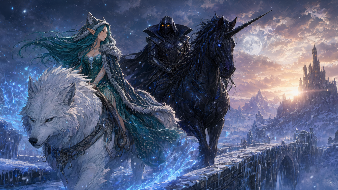 Elven ice queen rides a giant white wolf beside a hooded knight on a dark unicorn crossing a snowy stone bridge at twilight