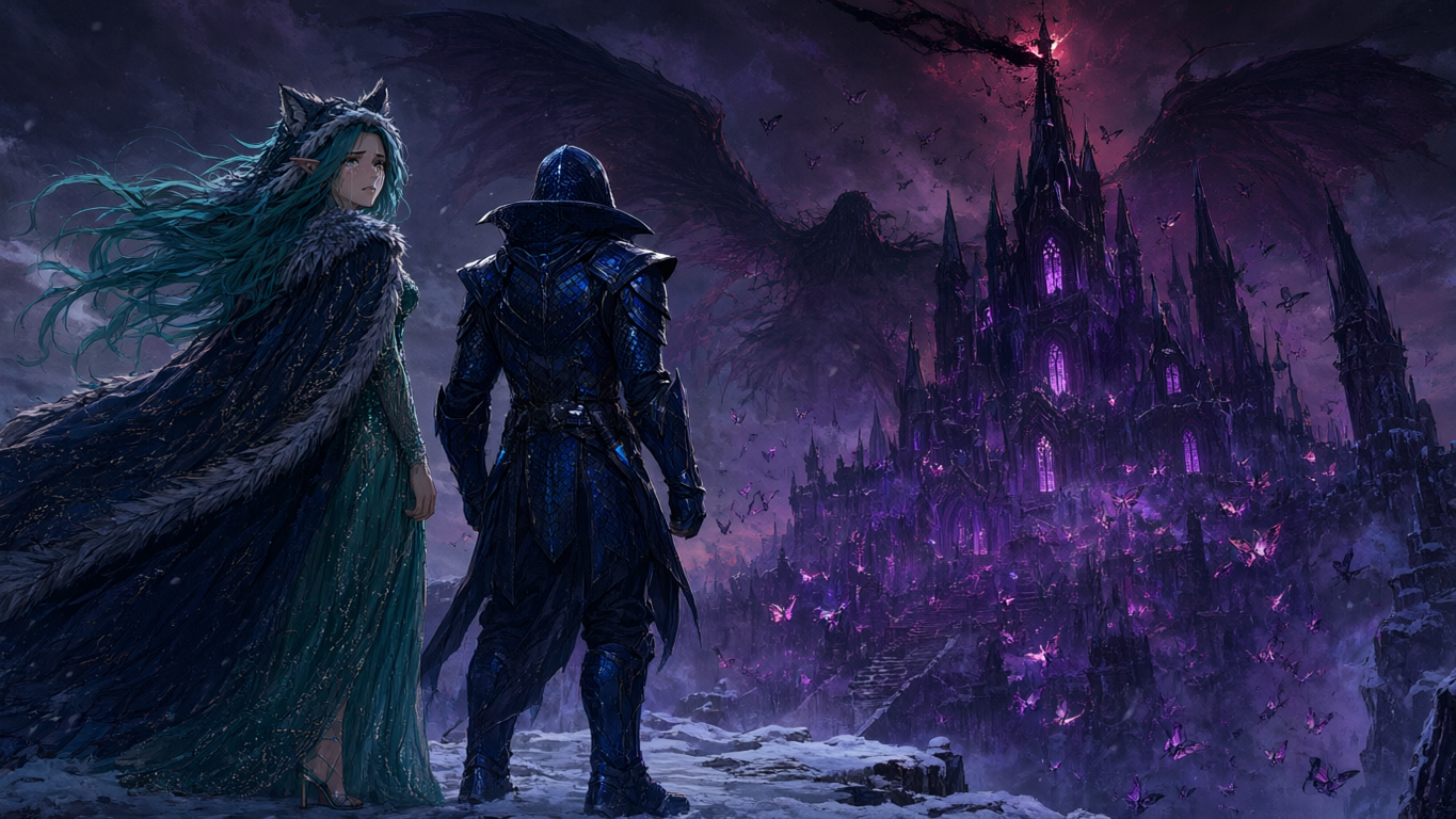 Teal-haired elven fox-eared woman and dark armored knight stand facing a glowing cursed gothic castle in a snowy fantasy