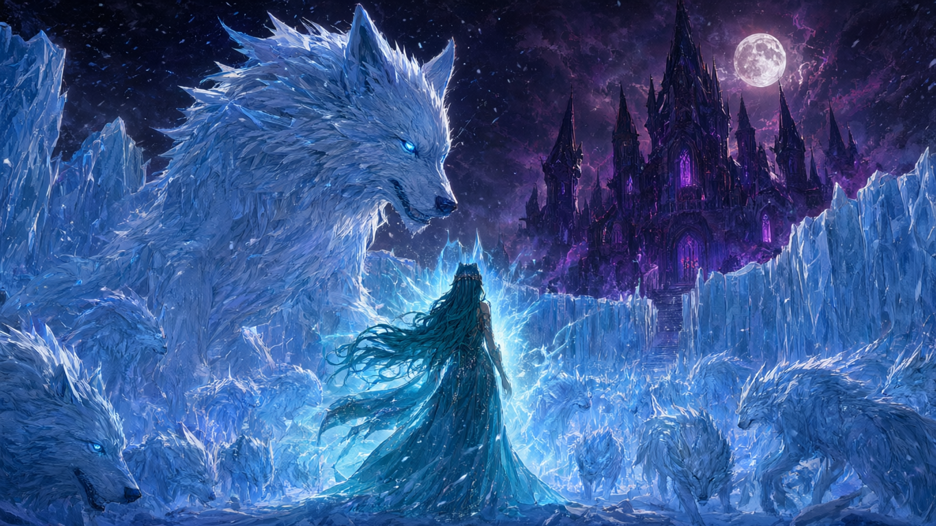 Ice queen stands surrounded by giant frost wolves facing a glowing gothic ice castle under a full moon