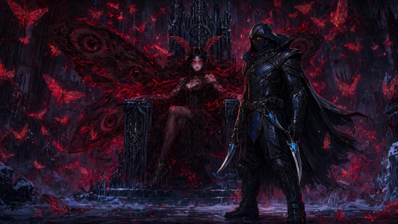 Dark fae queen with eye-patterned wings sits on an obsidian gothic throne beside a hooded armored guardian, surrounded by