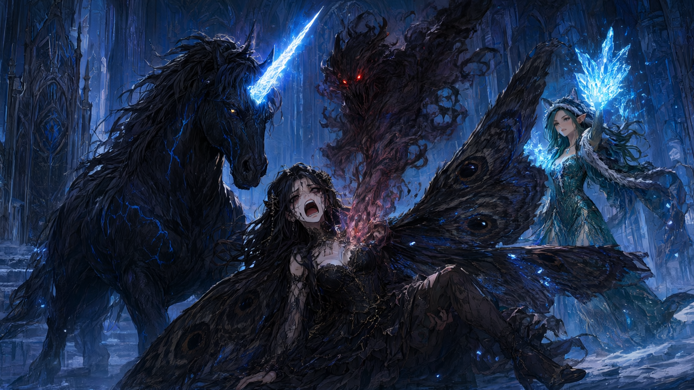 Distressed dark winged fairy flanked by magical companions in a frozen gothic castle chamber