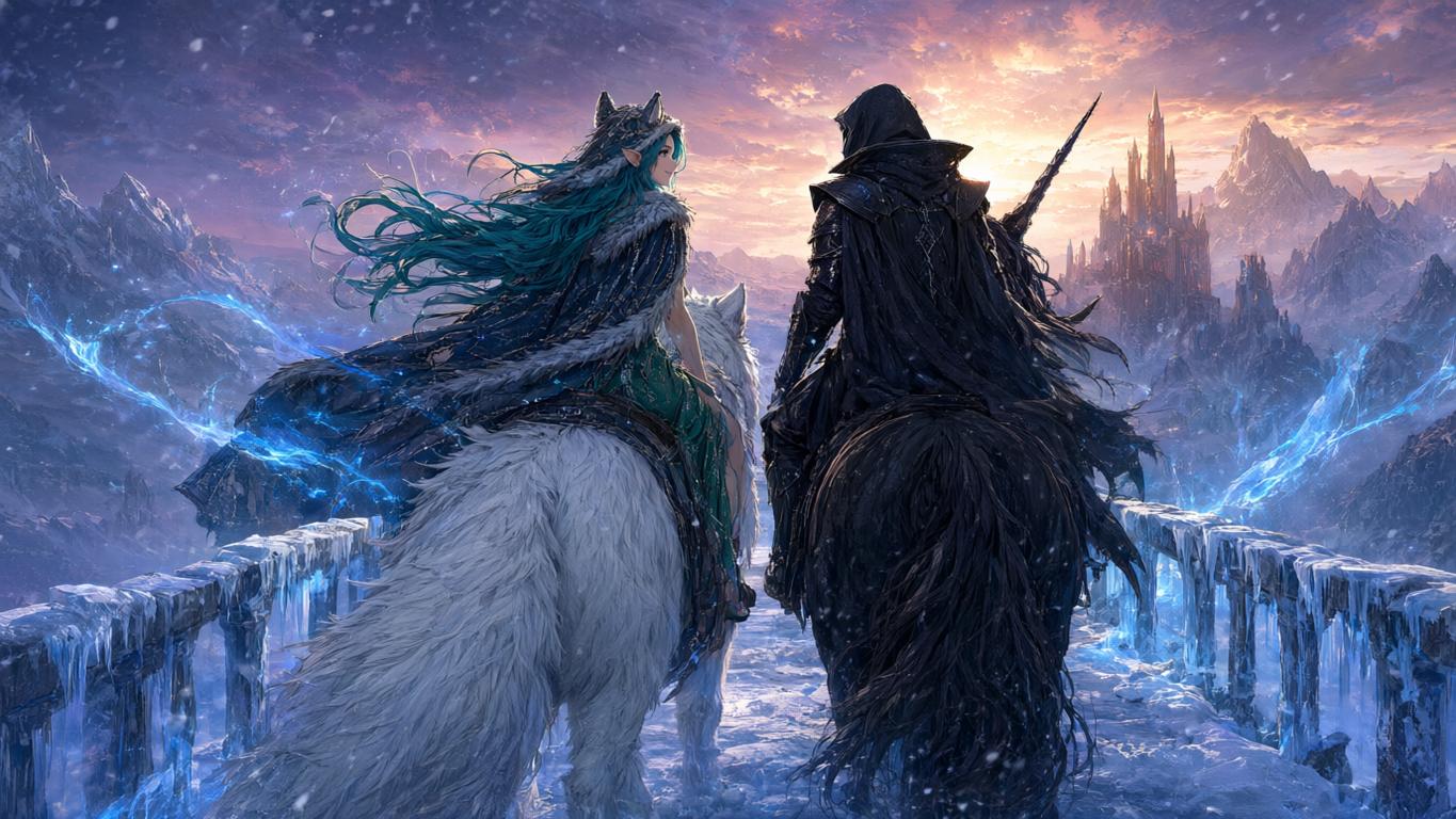 Teal-haired elven mage and hooded dark knight ride mythic mounts across an icy bridge toward a distant snow castle at sunset