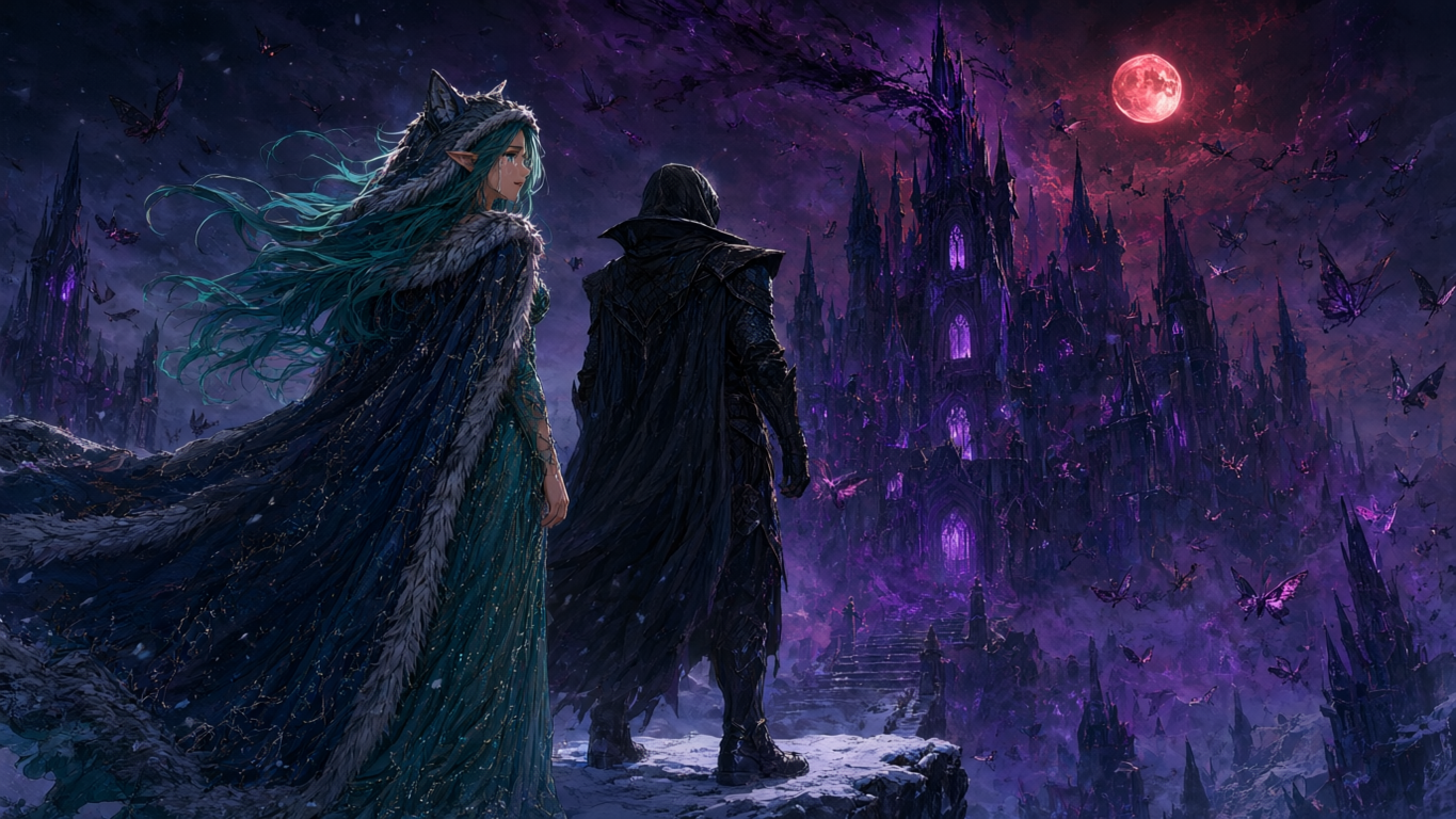 Turquoise-haired elf and hooded warrior stand before a glowing gothic castle under a red blood moon