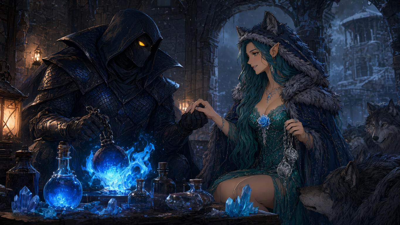 Hooded dark knight holds hands with teal-haired elf wolf sorceress beside glowing blue potions in a snowy ruin