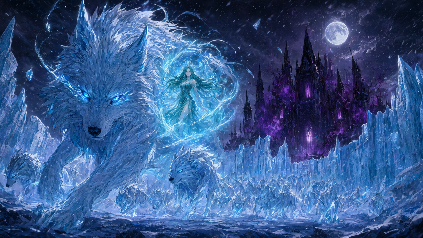 Ice sorceress leads glowing spectral ice wolves before a dark gothic castle on a moonlit frozen tundra
