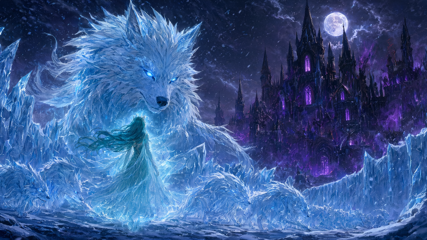 Giant glowing ice wolf spirit stands beside a frost mage before a dark gothic castle under a full moon