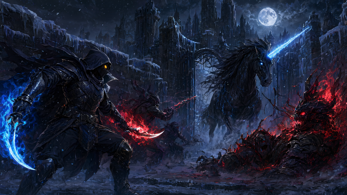 Hooded fantasy warrior with glowing magic swords fights demons alongside a spectral unicorn in a frozen moonlit castle