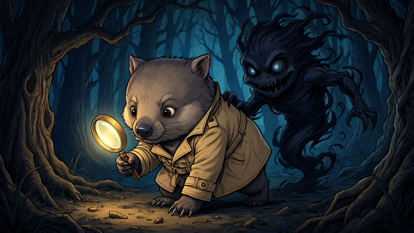Anthropomorphic detective quokka with a glowing magnifying glass is approached by a shadow monster in a dark spooky forest