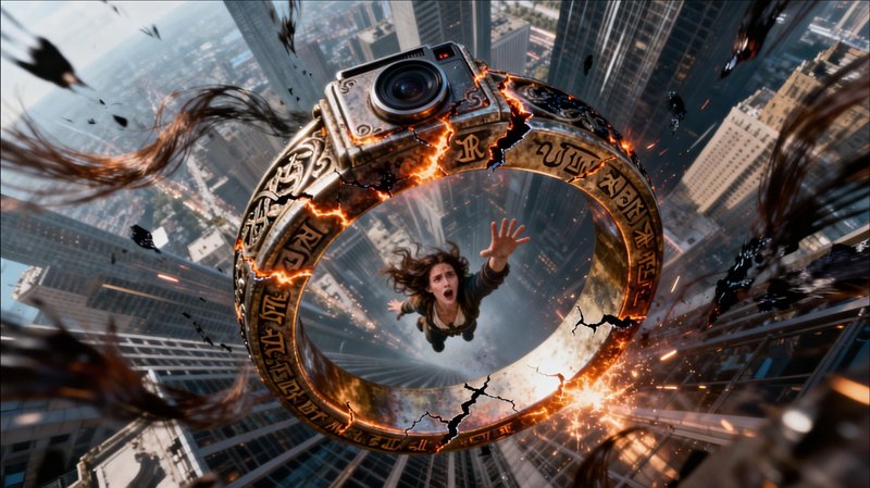 A dramatic cinematic scene of a woman tumbling through a fiery rune-inscribed ring above a cityscape.
