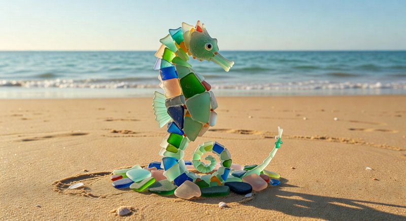 Colorful mosaic seahorse sculpture on sandy beach with ocean waves.