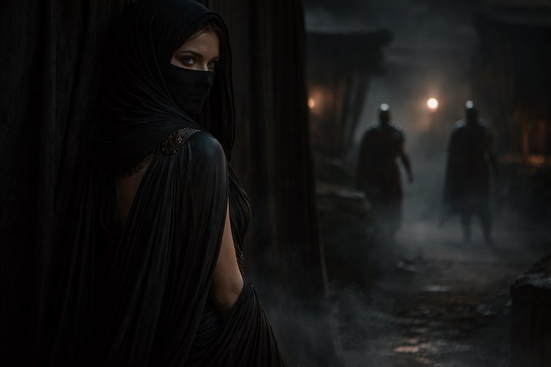 Mysterious cloaked woman with masked face in a dark, smoky medieval alley; two armored figures loom in the background.